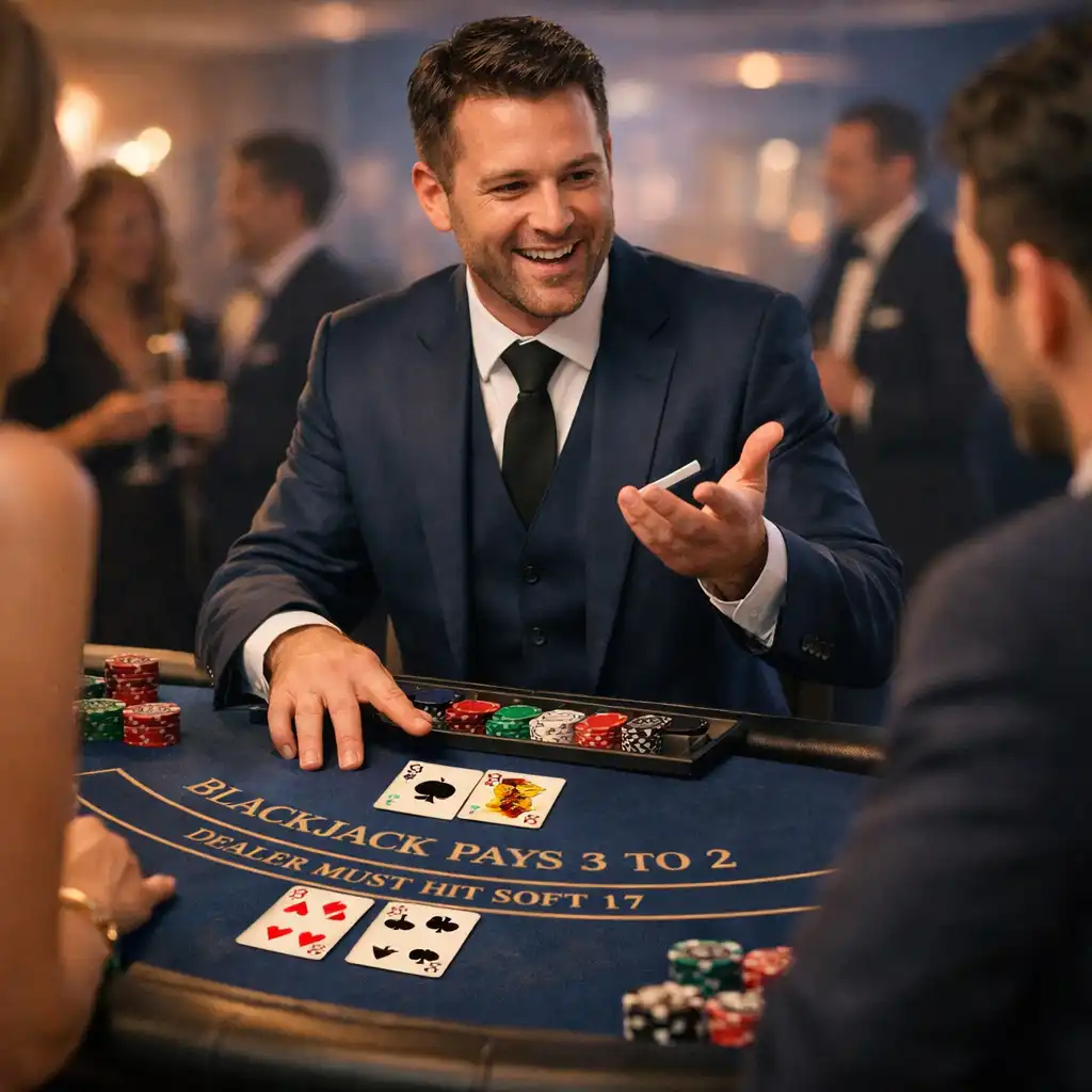 Goście grający rekreacyjnie w blackjacka przy profesjonalnym stole na evencie