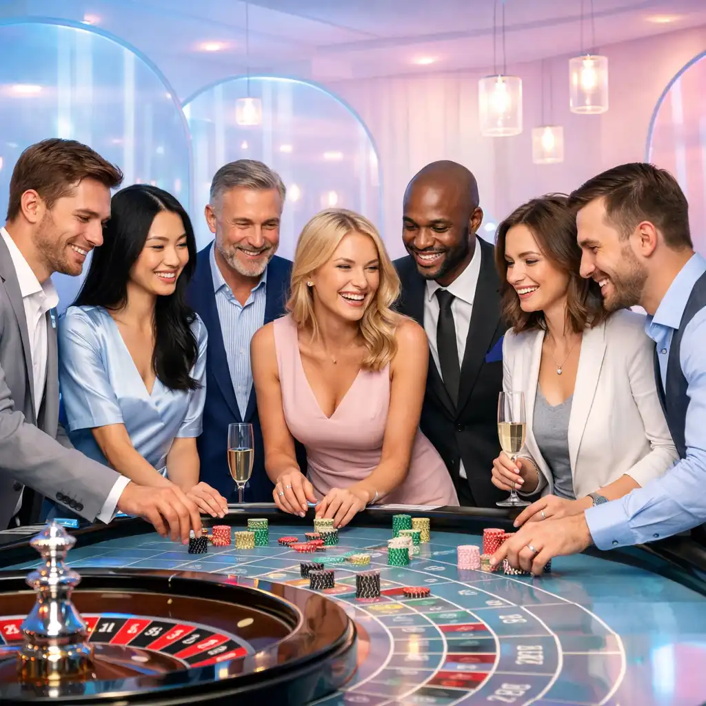 Zespół firmowy integrujący się przy stołach do gier podczas scenariusza wieczoru Vegas