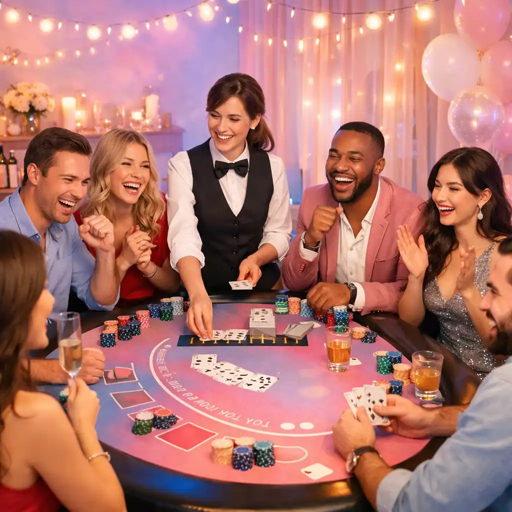 Grupa znajomych bawiąca się przy stole pokerowym podczas prywatnego wieczoru tematycznego